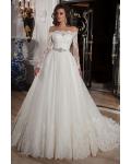 Off Shoulder Long Sleeves A-line Lace overlay Tulle Wedding Dress with Crystal Belt 