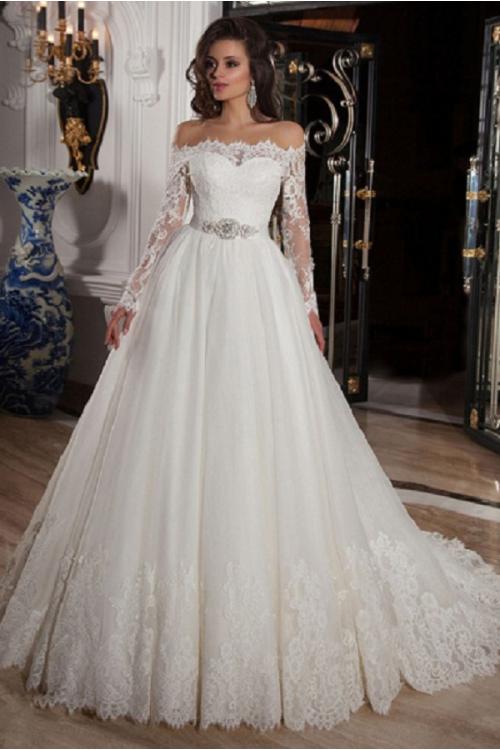 Off Shoulder Long Sleeves A-line Lace overlay Tulle Wedding Dress with Crystal Belt 