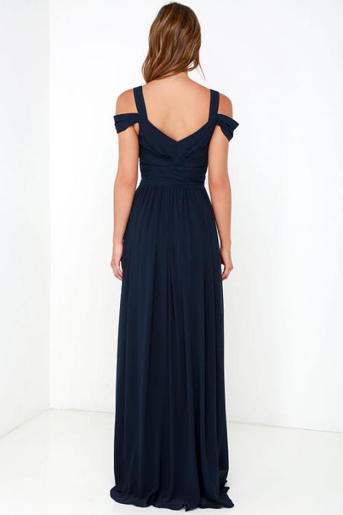 Sexy Off the Shoulder Split Navy Blue Chiffon Prom Dress 