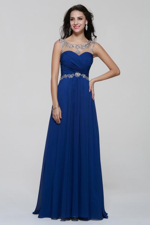 Illusion Neck A-line Long Royal Blue Chiffon Prom Dress 