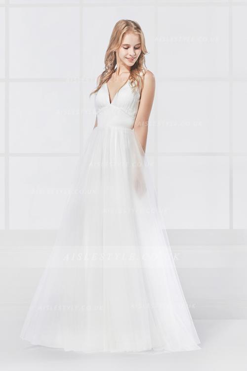 Empire A-line Spaghetti Straps Long Ivory Tulle Beach Wedding Dress