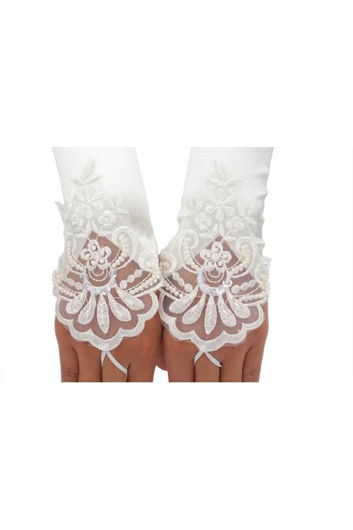 Long Ivory Fold Embroidered Wedding Gloves With Sequins and Pearls 8BL