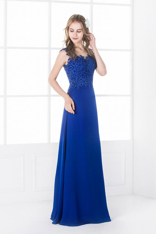 Illusion Neck Sequin Lace Long Royal Blue Chiffon Prom Dress 