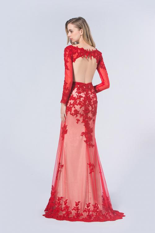  Red A-line Bateau Long Sleeve Beading Lace Long Prom Dress