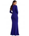 Long Sleeves Deep V Neck Fit Flared Long Royal Blue Jersey Prom Dress