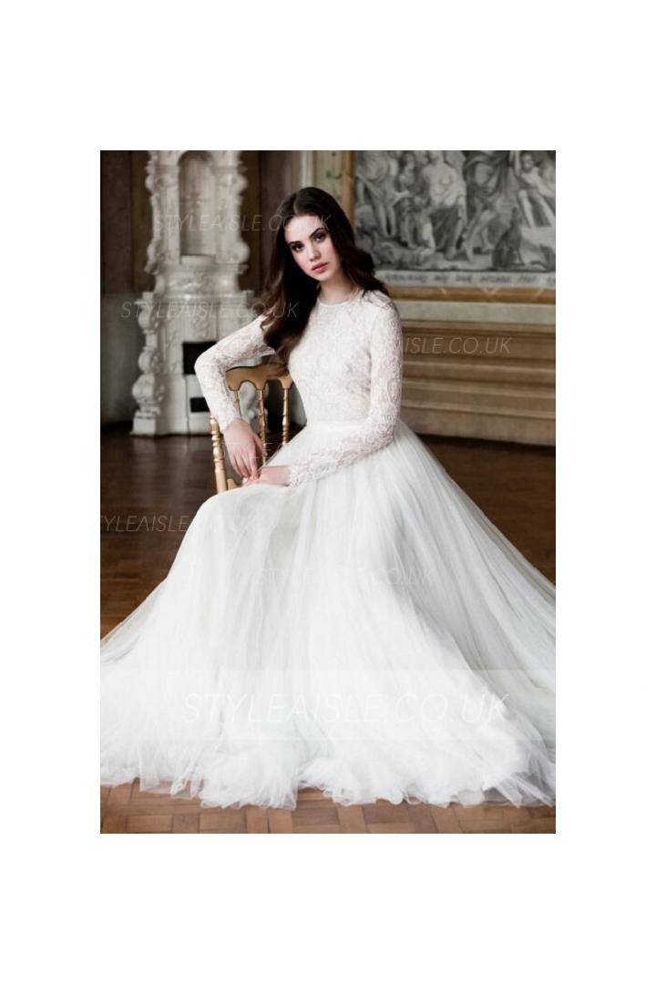 Elegant Long Sleeved BoHo Lace White Tulle Wedding Dress 