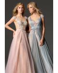  A-line Bateau Neckline Cap Sleeves Lace Appliques Floor-length Long Tulle Prom Dresses