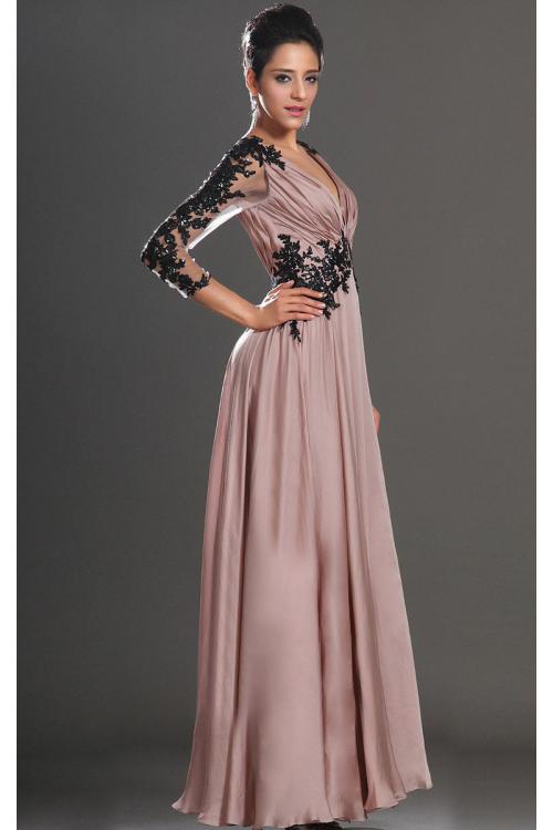 Balck Lace Appliqued V Neck Empire Pleated Long Column Chiffon Prom Dress with 3/4 Sleeves 