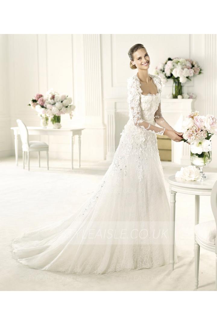 Honorable A-line Long Sleeve Beading Lace Hand Made Flowers Sweep/Brush Train Tulle Wedding Dresses
