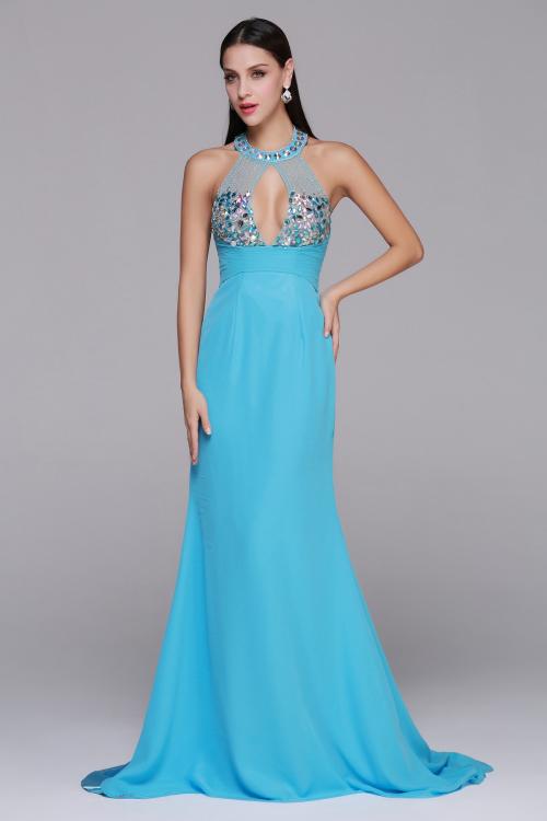 One Sleeveless Halter Neck Long Sheath Blue Chiffon Prom Dress 