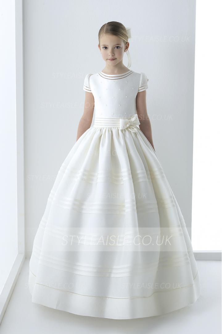 Short Sleeves Pearl Beaded Top Ball Gown Organza First Holy Communion Dress
