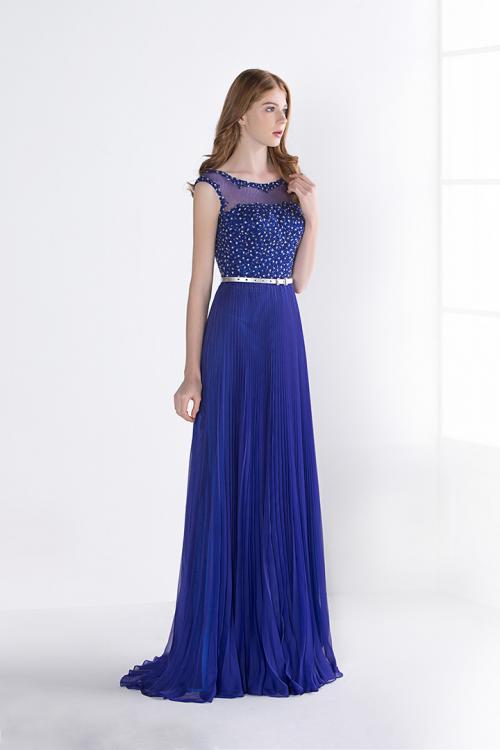 Royal Blue Sleeveless Beading A-line Long Chiffon Prom Dress 