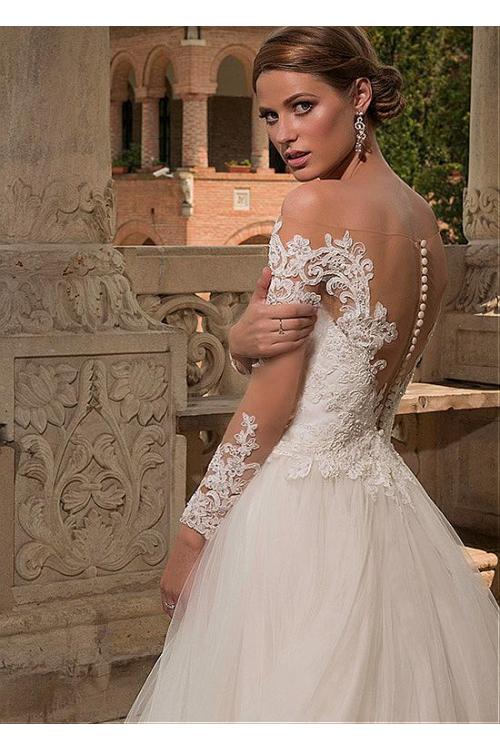 Long Sleeve Off Shouder Illusion Tulle Wedding Dress with Full Back 