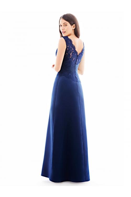 Fashion V Neck Lace Bodice A-line Blue Long Chiffon Bridesmaid Dress 