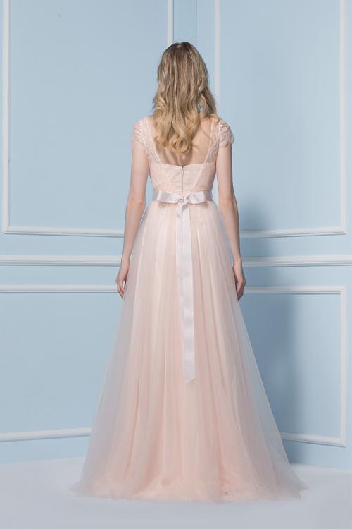 Vintage Bateau Neck Illusion Cap Sleeved Lace Blush Tulle Bridesmaid Dress 