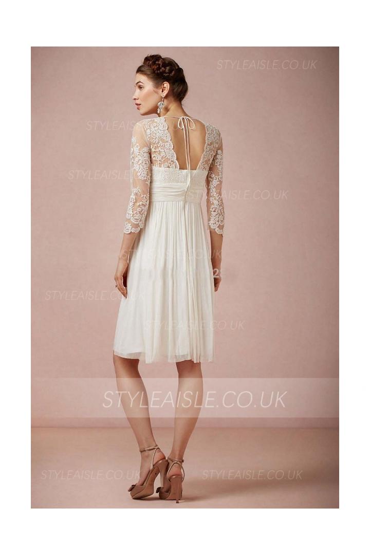Charming A-line V Neck 3/4 Length Sleeve Short Chiffon Wedding Dress