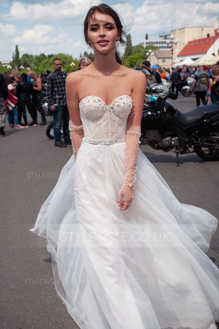  A-line Sweetheart Sleeveless Pearl Detailing Sashes/Ribbons Sweep/Brush Train Long Wedding Dresses (Including the Gloves)