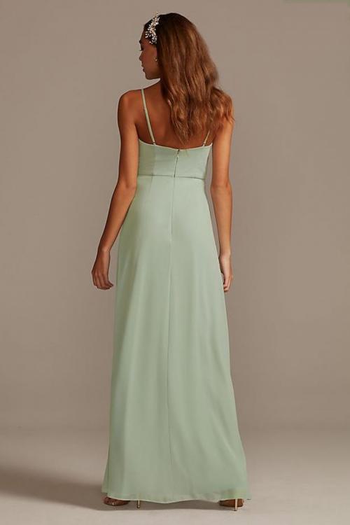  Sheath/Column Spaghetti Straps V-neck Sleeveless Ruffles Split Floor-length Long Chiffon Bridesmaid Dresses