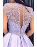  A-line Scoop Neckline Short Sleeves Beading Pockets Split Floor-length Long Satin Prom Dresses