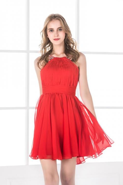  A-line Jewel Sleeveless Beading Pleated Short/Mini Prom Dress