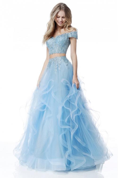 Modern Two Piece Sequin Lace Off Shoulder Long Sky Blue Tulle Prom Dress