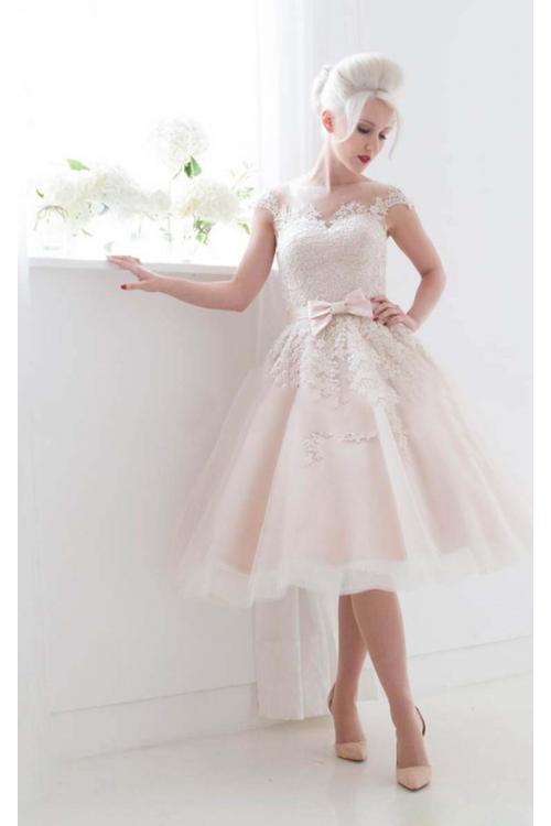 Charming Illusion Neck Cap Sleeved Ball Gown Blush Pink Tulle Wedding Dress