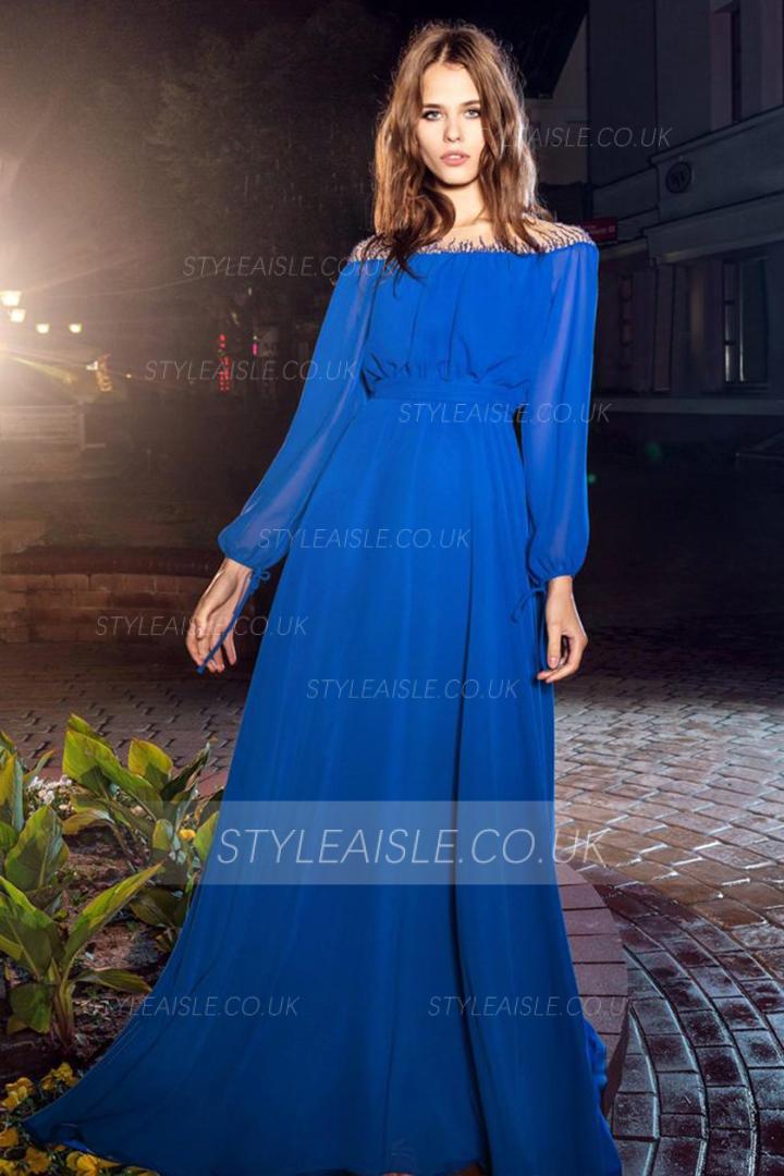  A-line Bateau Neckline Long Sleeves Beading Floor-length Long Chiffon Cocktail Dresses with Buttons Back