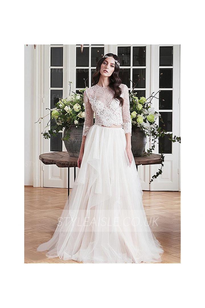 Chic Two Piece 3/4 Sleeved Lace A-line Tulle Wedding Dress 