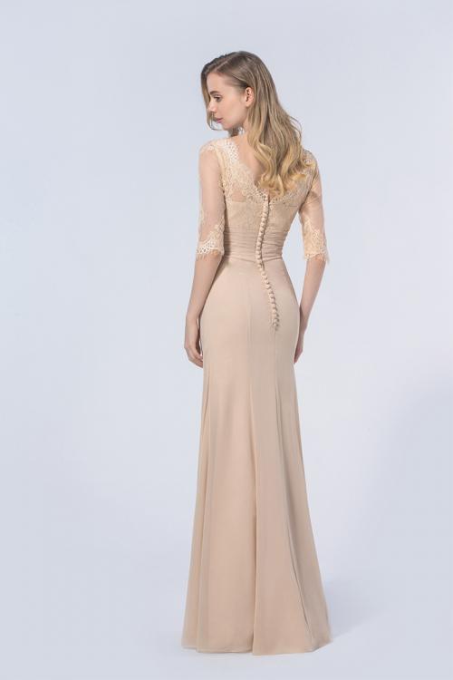 3/4 Sleeved Illusion Neck Sheath Champagne Long Chiffon Bridesmaid Dress 