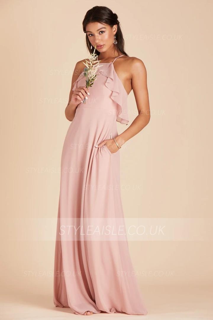  A-line Spaghetti Straps Sleeveless Ruffles Top Floor-length Long Chiffon Bridesmaid Dress with Pockets 