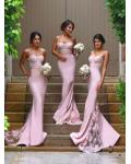 Popular Spaghetti Straps Long Jersey Bridesmaid Dress with Lace 