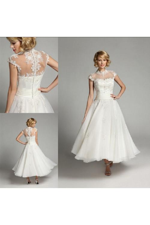 Tea Length Cap Sleeved Lace Detailling Short Organza Wedding Dress 