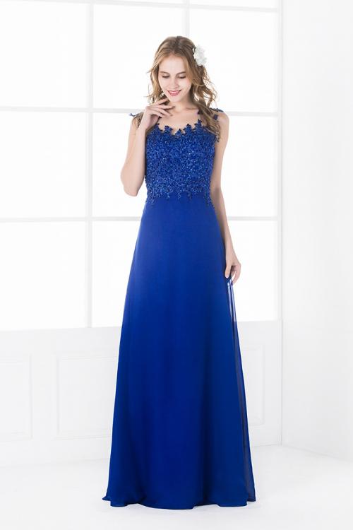Illusion Neck Sequin Lace Long Royal Blue Chiffon Prom Dress 