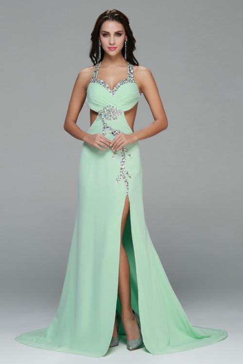 Sexy Halter Neck Beading Long A-line Chiffon Slit Front Prom Dress 