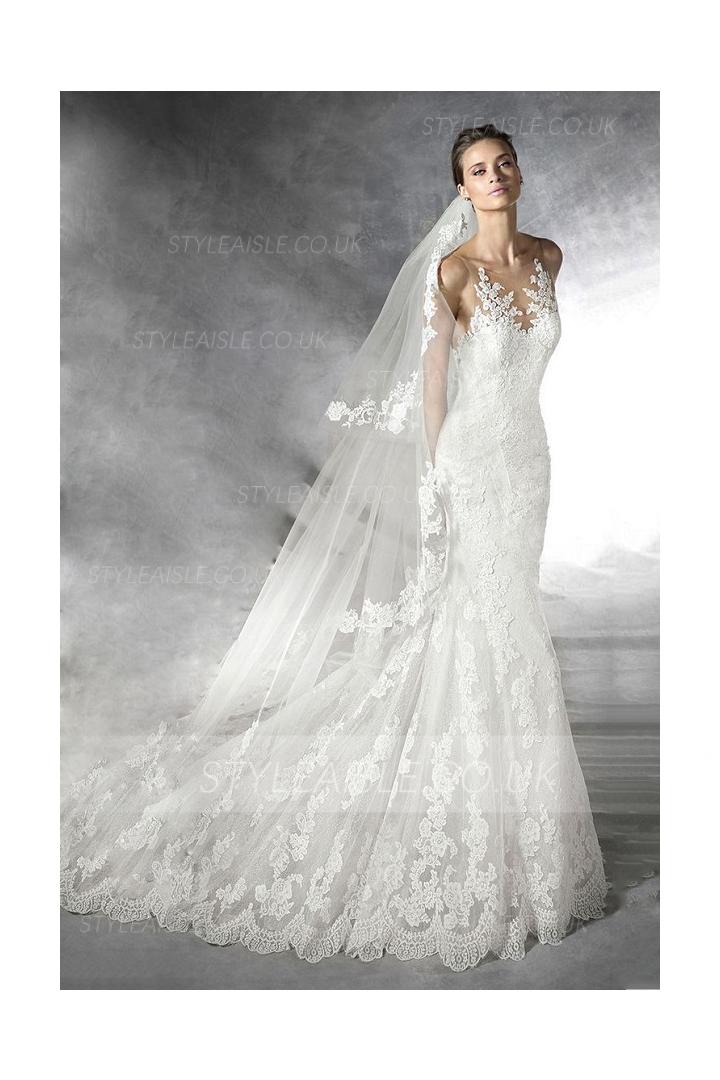 Beautiful Mermaid Illusion Neck Lace overlay Tulle Wedding Dress 