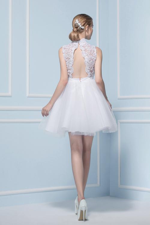 Sexy A-line High Neck Sleeveless Lace Short Wedding Dresses