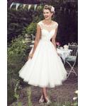 Tea Length Illusion Neck Lace Bodice A-line Tulle Wedding Dress 