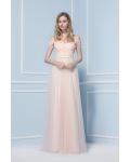 Off the Shoulder Blush Lace Bodice Tulle Bridesmaid Dress with Ribbon 