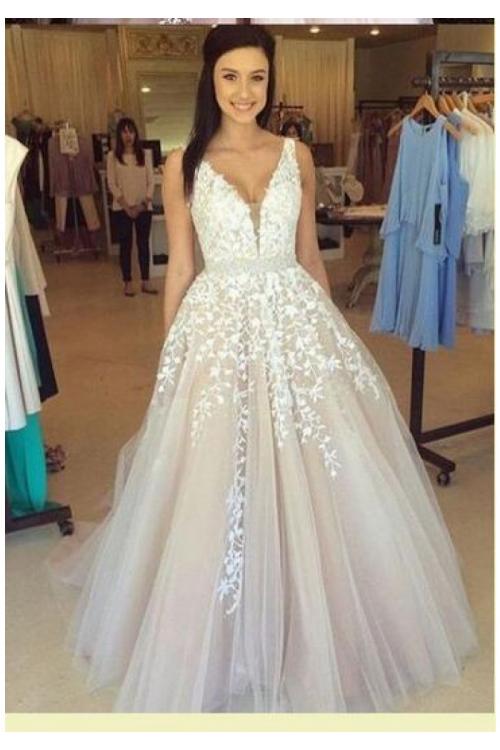 Vintage Long A-line Lace Appliques Tulle Prom Dress with Beading Belt 