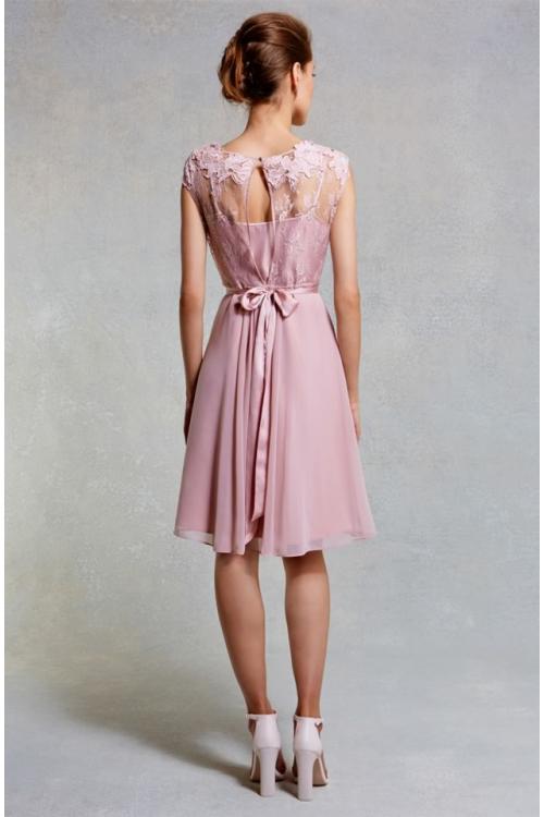 Vintage Jewel Neck Lace Appliqued Knee Length Chifffon Bridesmaid Dress 
