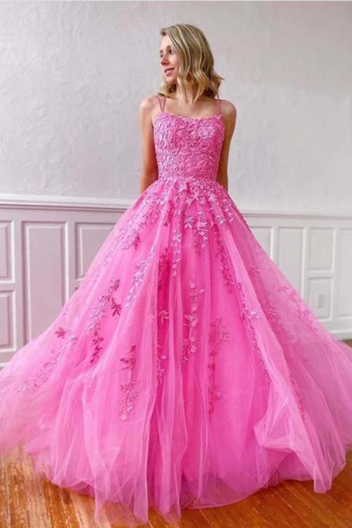  Elegant A-line Sleeveless Lace Appliques Floor-length Long Tulle Prom Dress