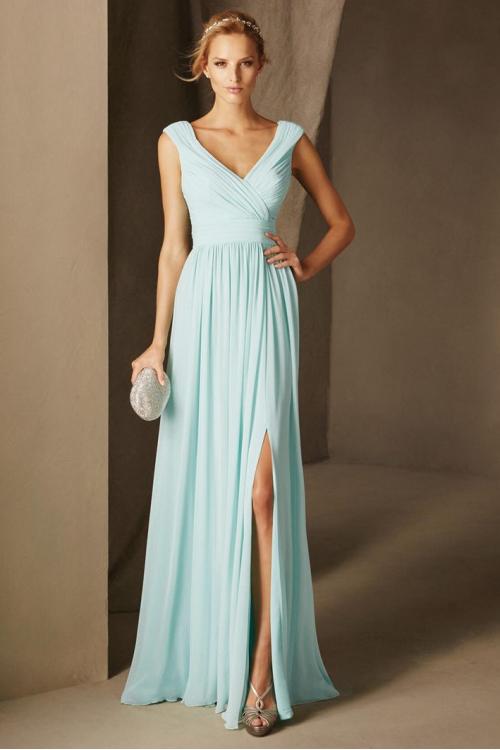 Sleeveless Off Shoulder V Neck Long Chiffon A-line Bridesmaid Dress with Split