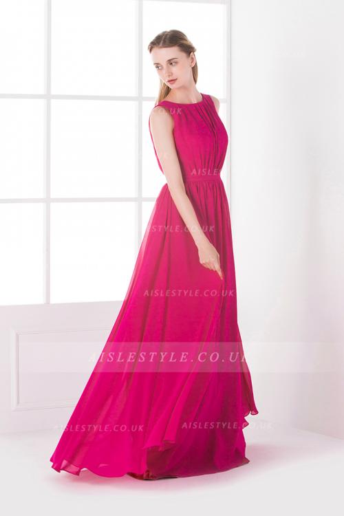 Sleeveless A-line Pleated Long Fuchsia Chiffon Bridesmaid Dress