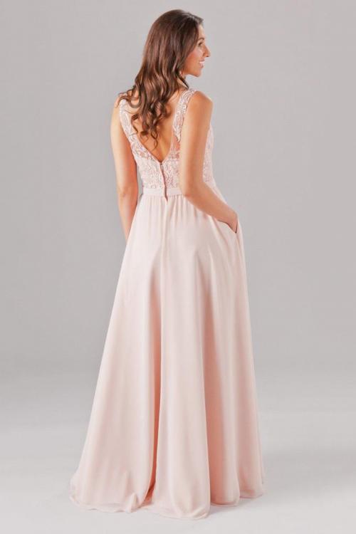 A-line Blush V-neck Sleeveless Lace Pockets Floor-length Long Chiffon Bridesmaid Dresses