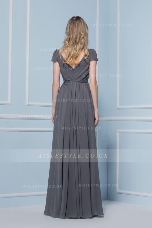 Beautiful Short Sleeved Long Grey Chiffon Bridesmaid Dress 