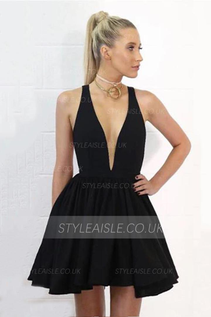 A-line Deep V-neck Sleeveless Mini Short Satin Cocktail Dress Sexy Little Black Dresses