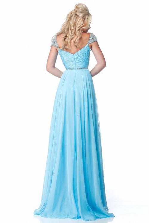Crystal Beaded Cap Sleeves A-line Long Chiffon Prom Dress