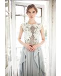 Illusion Jewel Neck Cap Sleeved Long Cascaded Grey Chiffon Prom Dress with Exquisite Lace 