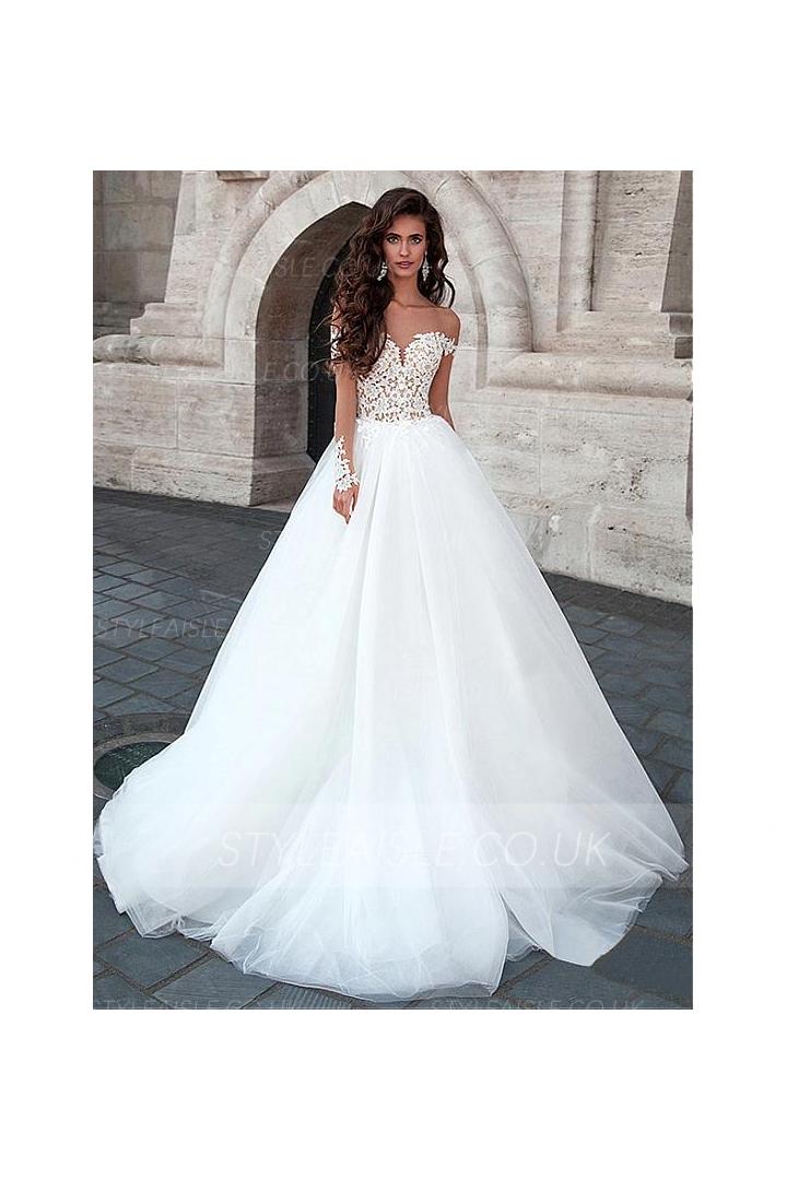 Delicate Illusion Neck Lace Bodice Long Ball Gown Tulle Wedding Dress 