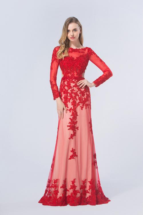  Red A-line Bateau Long Sleeve Beading Lace Long Prom Dress